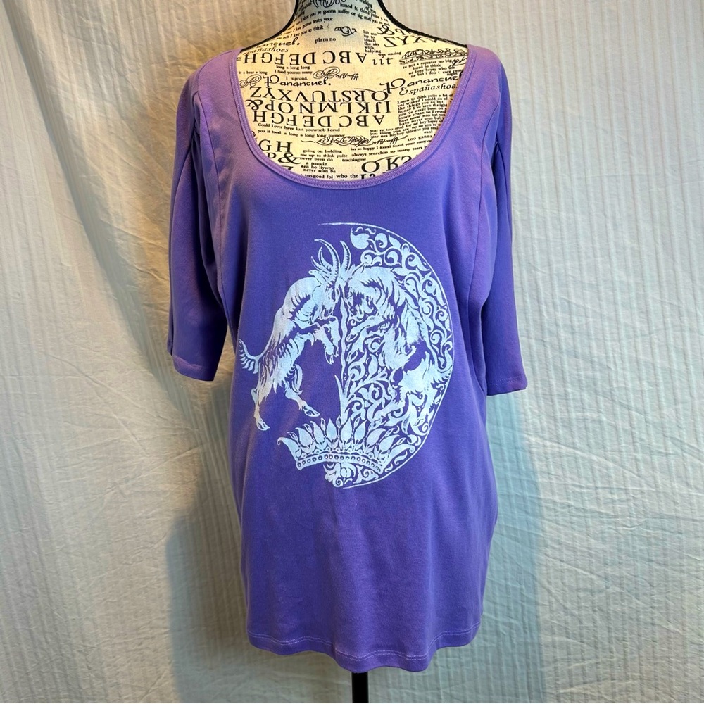Free People Sz S Graphic Scoop Neck Tee Shirt Goat Purple Oversized Short Sleeve
